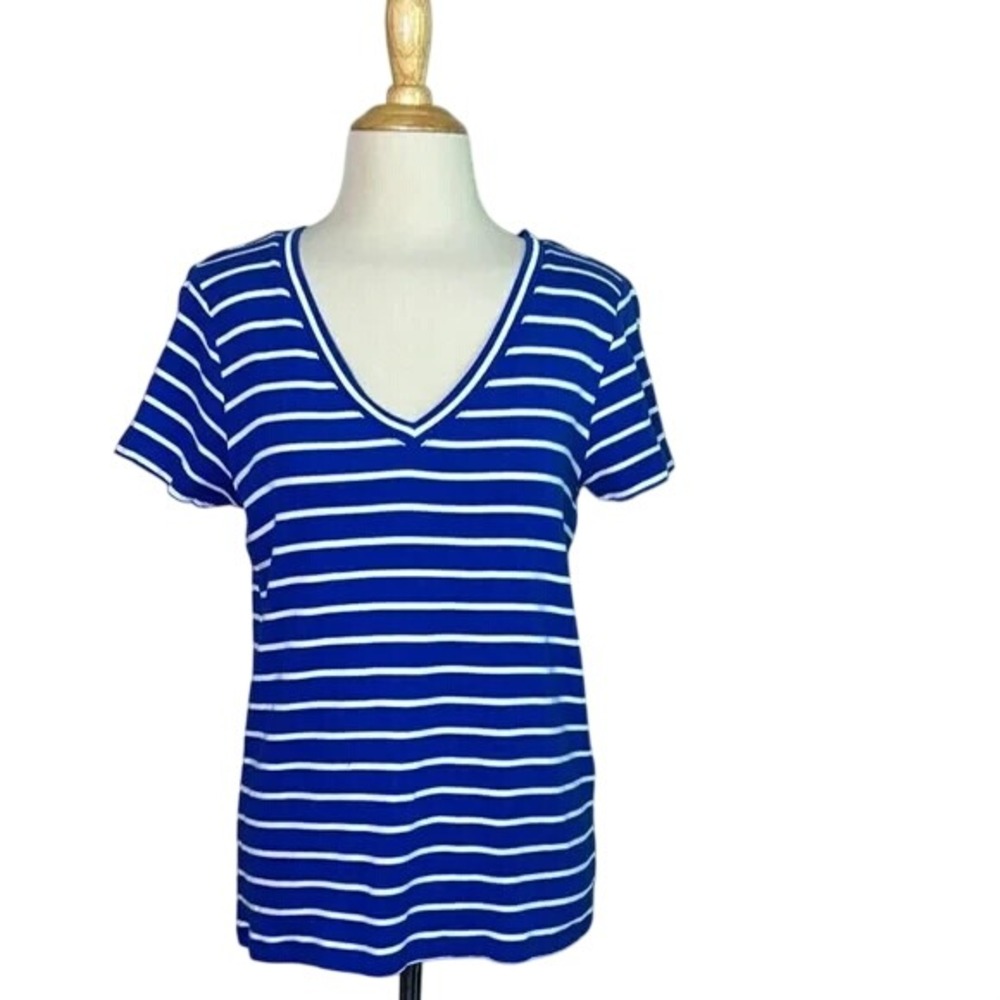 VINEYARD VINES Women Medium Royal Blue White Stripe Vneck Tee Shirt Cotton Modal